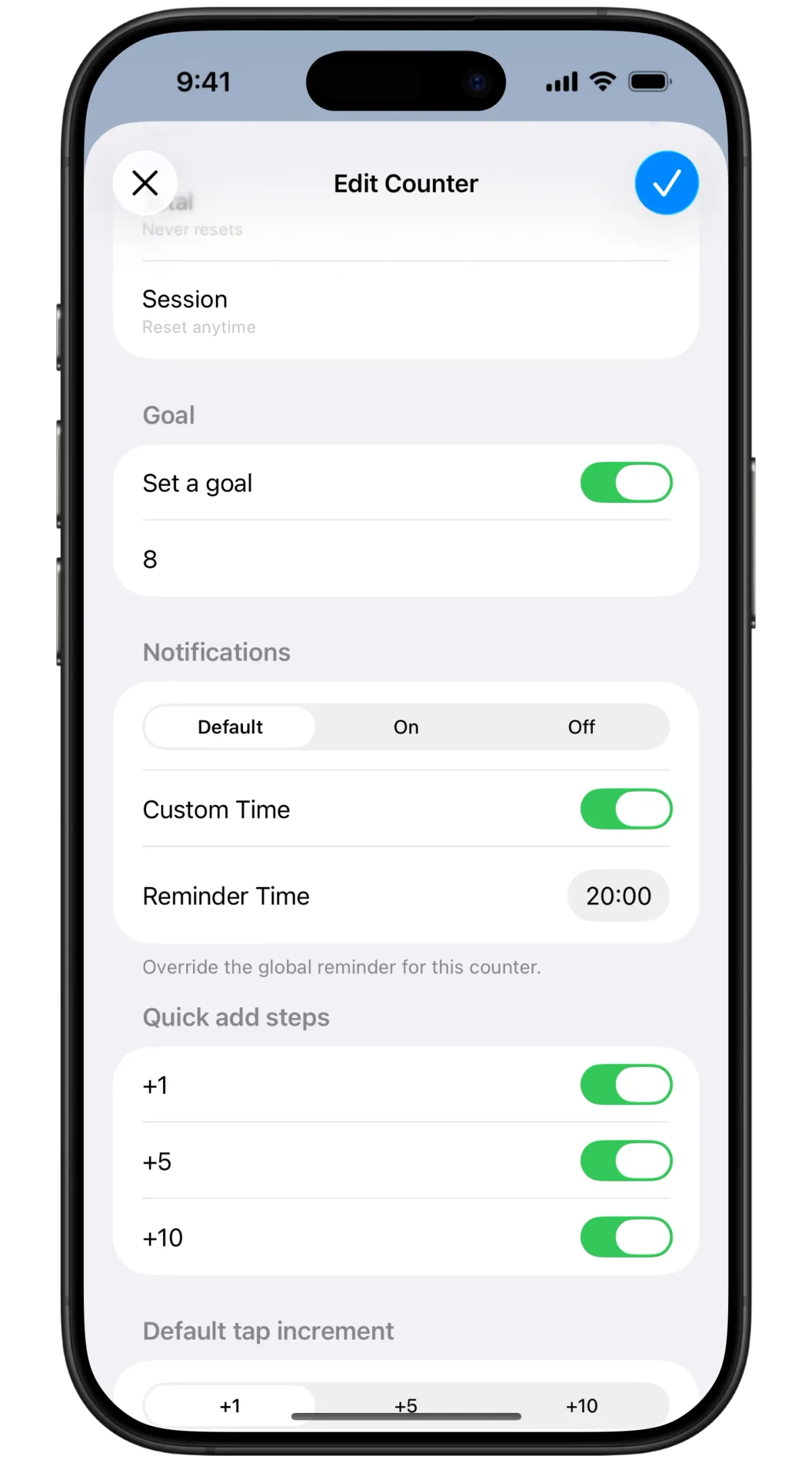 Counter edit screen showing per-counter notification settings with Default, On, and Off modes, custom time toggle, and reminder time