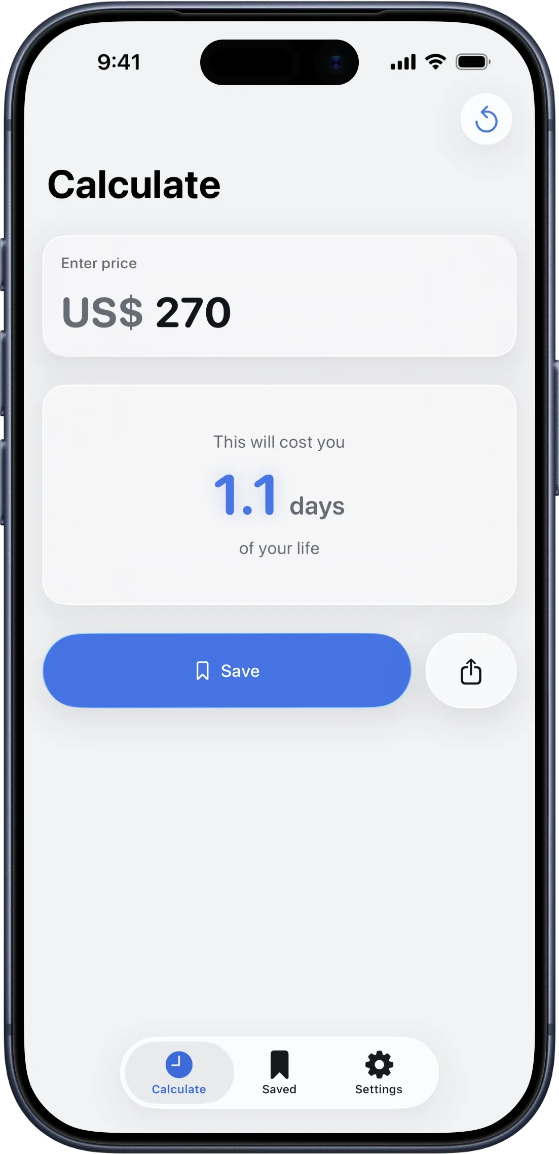 The Hourify Calculate screen on iPhone. A price of