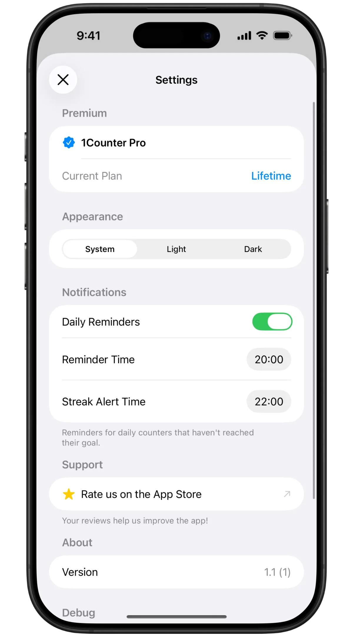 1Counter settings screen showing daily reminders toggle, reminder time set to 20:00, and streak alert time set to 22:00