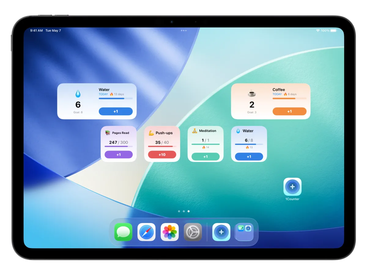 1Counter widgets on iPad Home Screen — small and medium sizes showing Water, Coffee, Pages Read, Push-ups, and Meditation counters with goal progress, streaks, and increment buttons