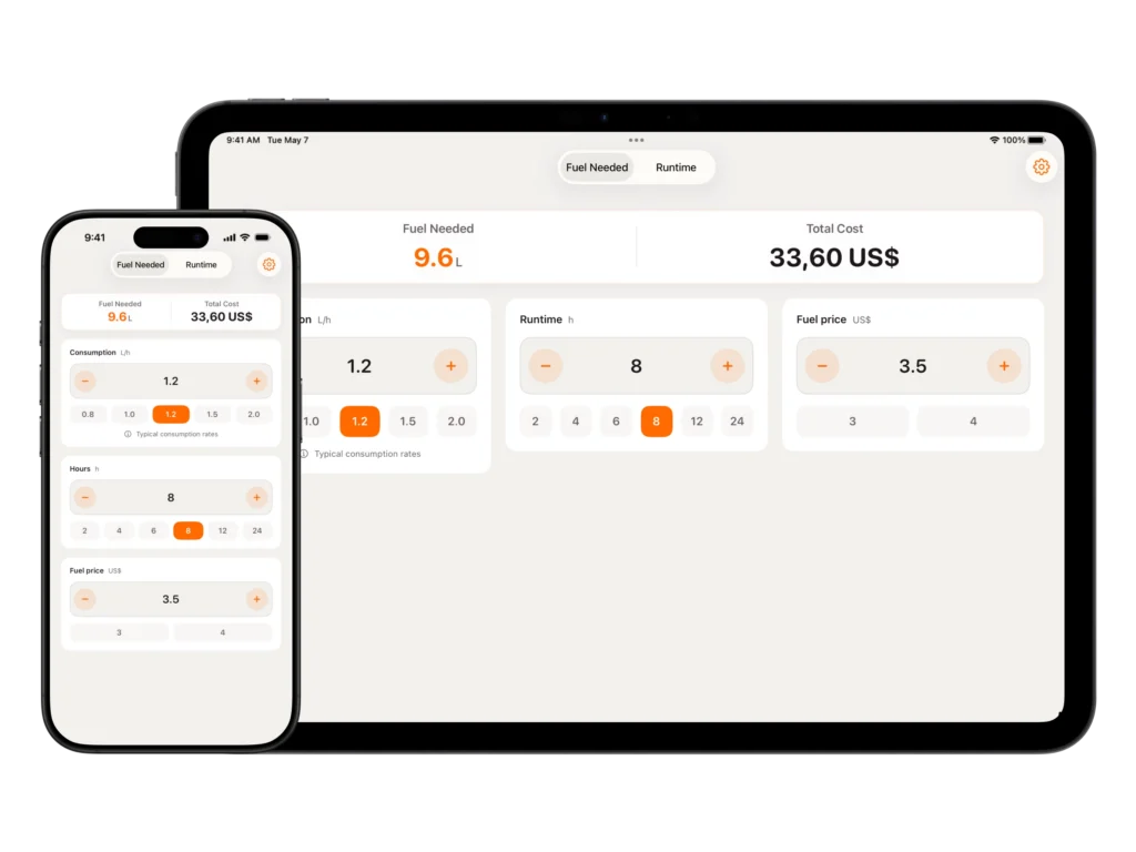 fuel needed calculator interface showing generator consumption and runtime