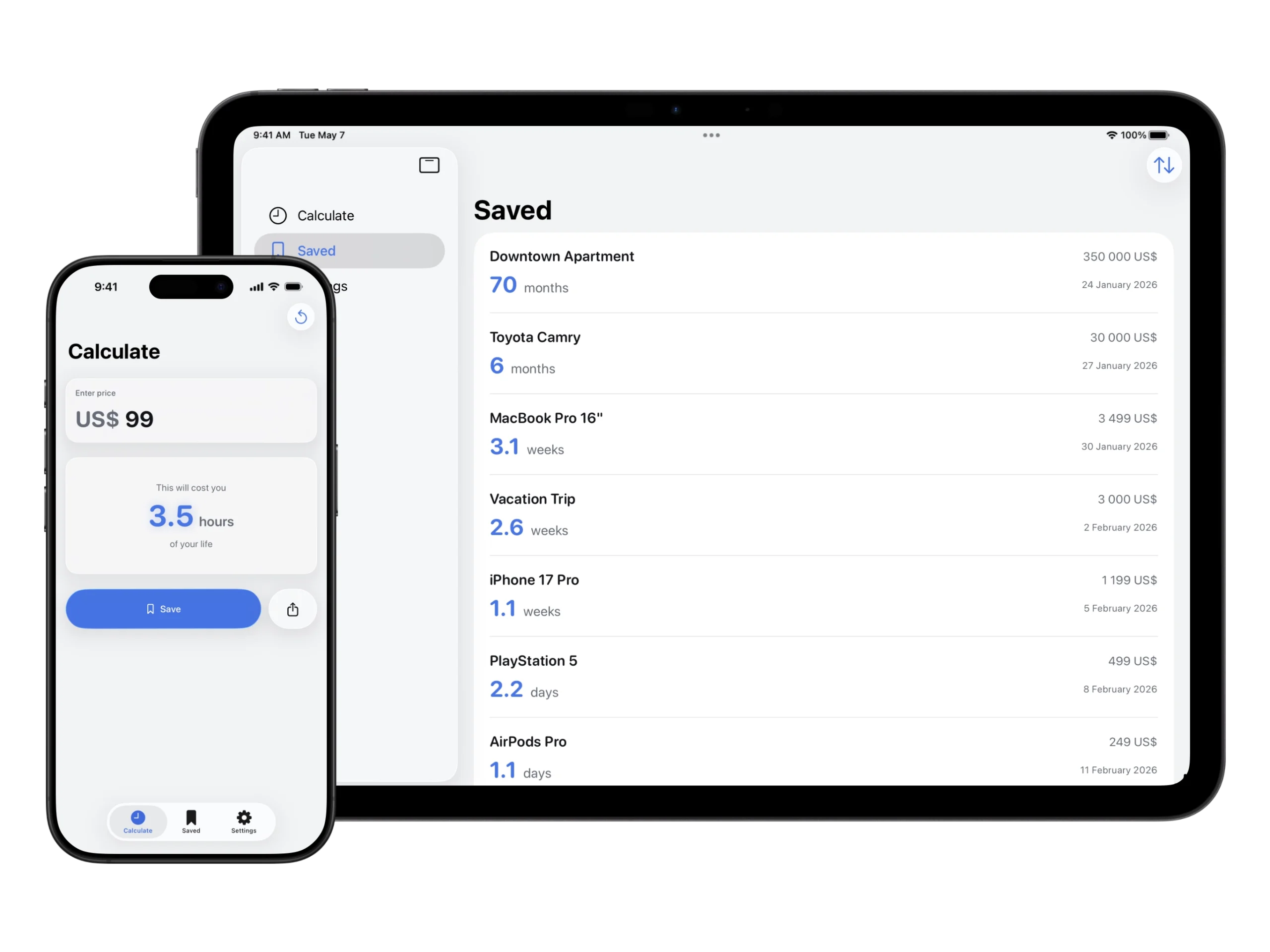 All devices Hourify app interface on iPhone and iPad, showing the process of calculating savings and cost of purchases in working hours