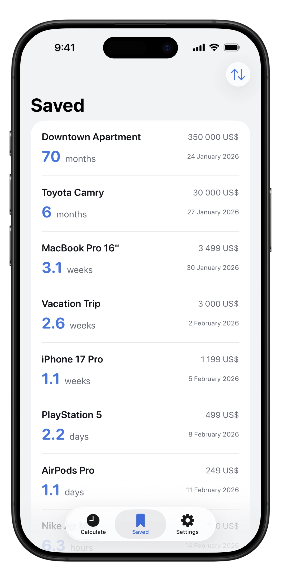 Saved iPhone Phone screen displaying saved purchases converted into working time in Hourify