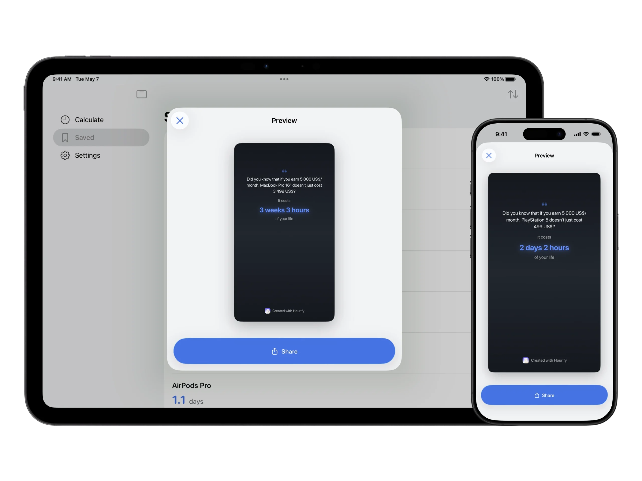 Share all devices Hourify sharing feature on multiple Apple devices showing time cost cards