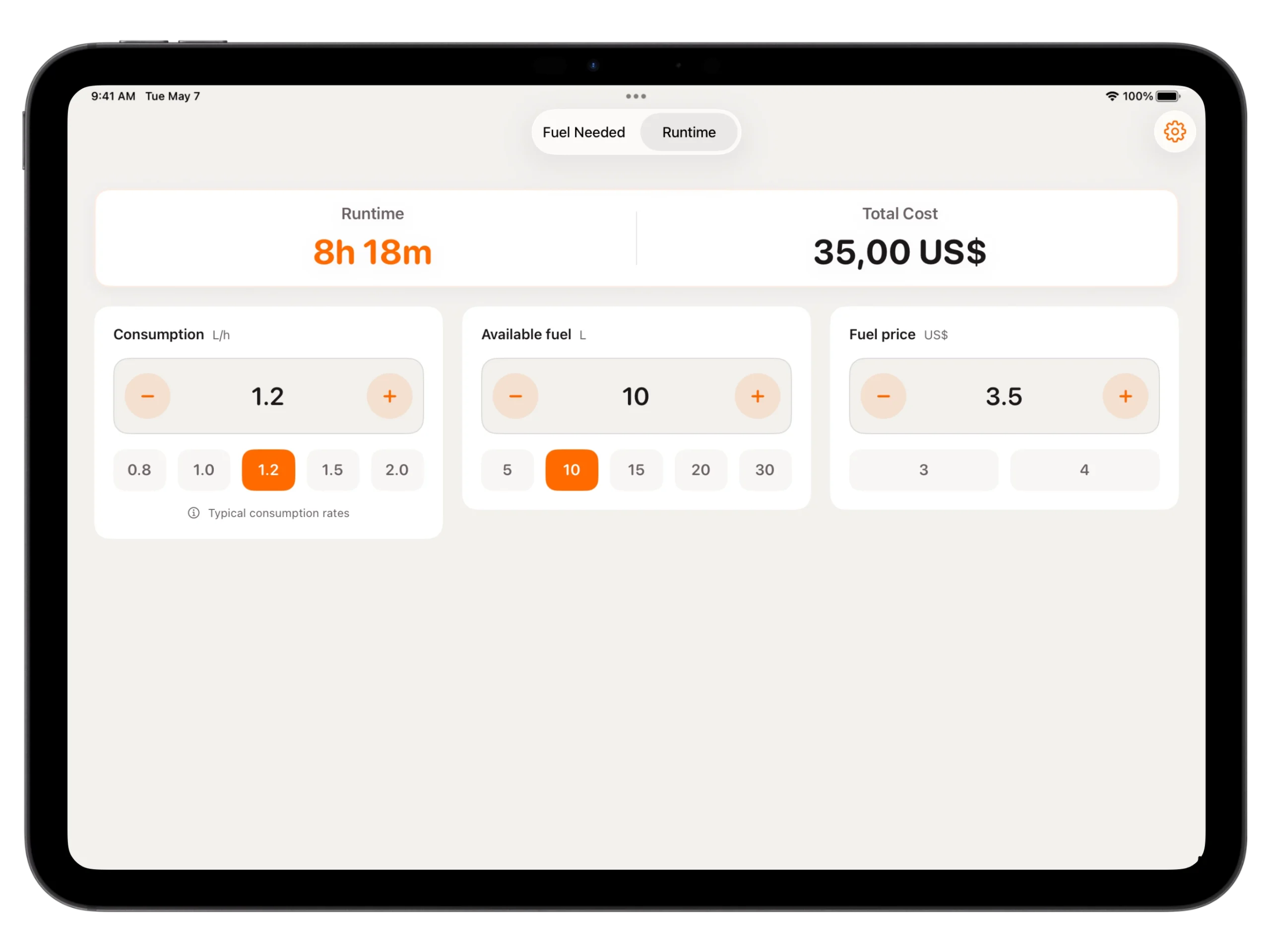 runtime calculator interface showing available fuel and estimated hours